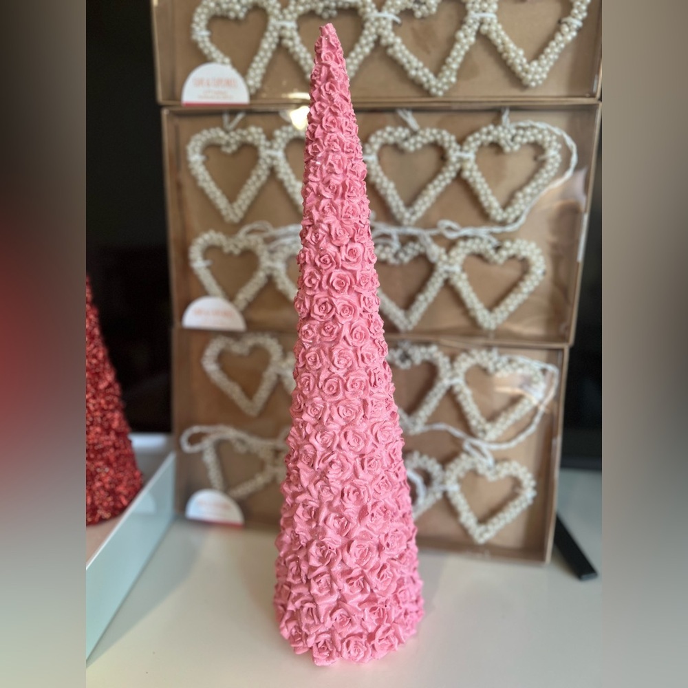 Elegant Pink Rose Cone with Sparkling Finish Romantic Décor 17 1/2 inches tall - Picture 1 of 3